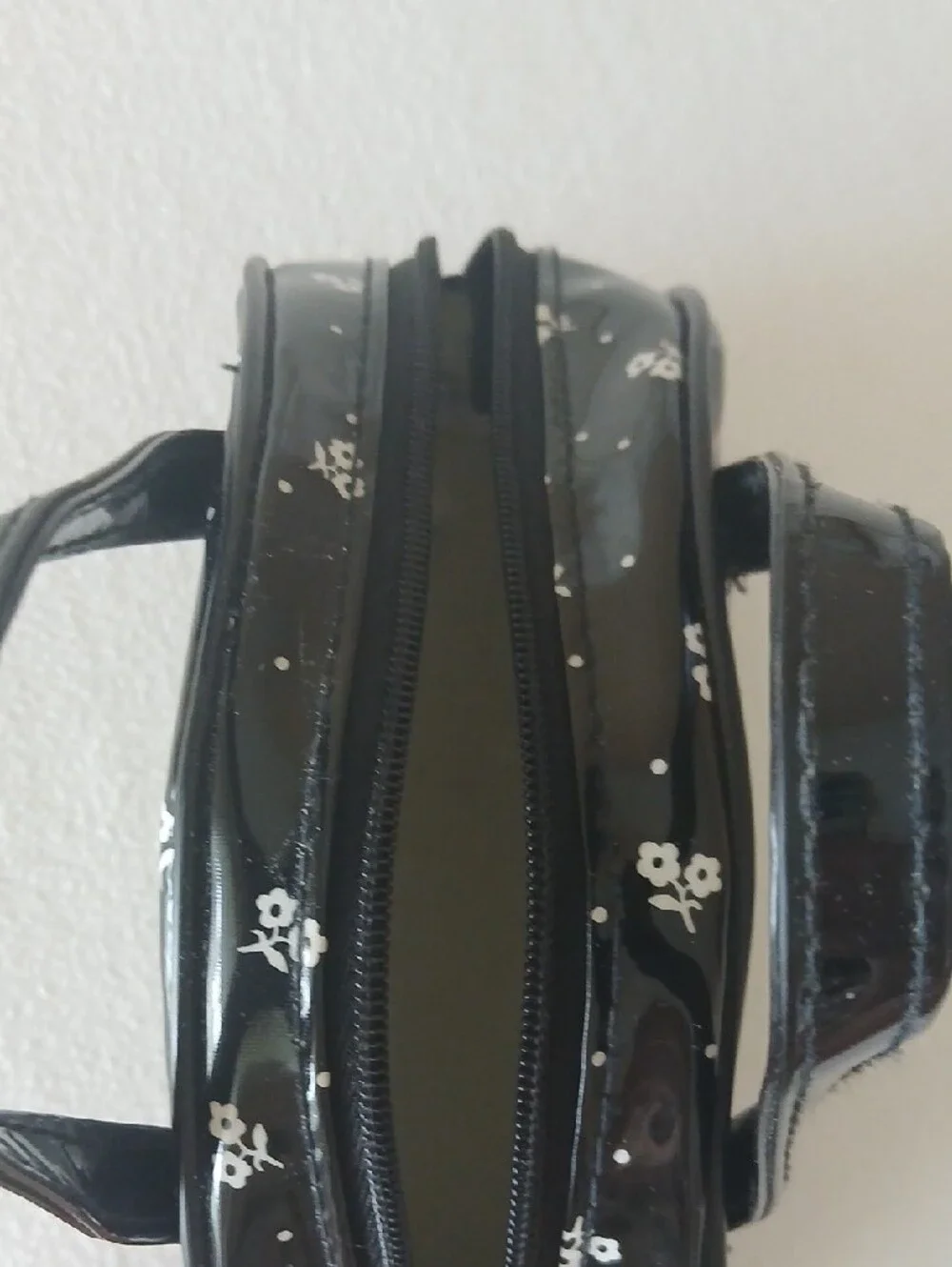 Vintage 80s Lancome Black Floral Patent Leather Dome Cosmetic Bag